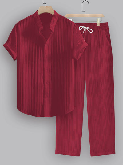 Striped Stand Collar Short Sleeve Shirt and Trousers Co-Ords