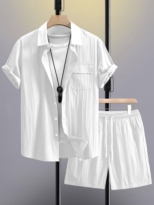 Striped Stand Collar Short Sleeve Shirt and Trousers Co-Ords