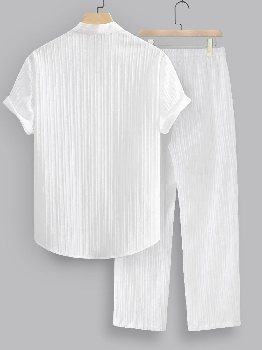 Striped Stand Collar Short Sleeve Shirt and Trousers Co-Ords