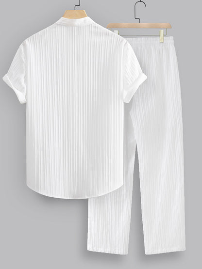 Striped Stand Collar Short Sleeve Shirt and Trousers Co-Ords